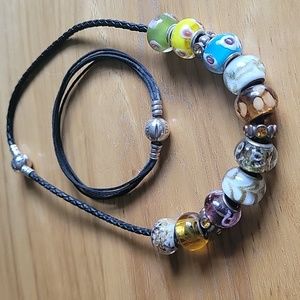 Pandora Black Leather cord necklace with beads.